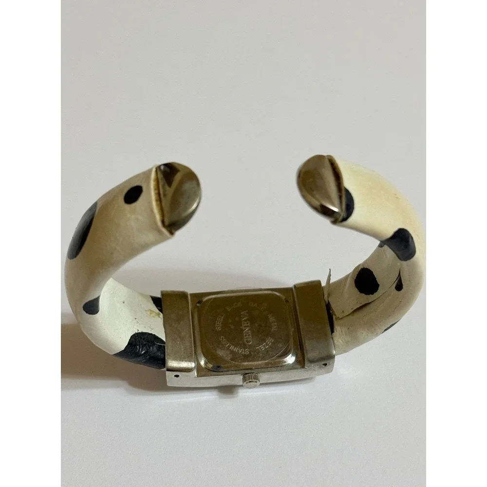 Geneva Women Quartz Watch Cow Print Cuff‎ Band Silver Tone Bracelet Japan Movt